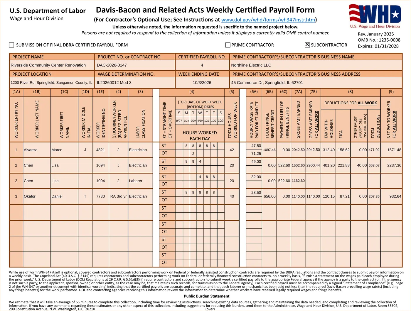 The finished WH-347 PDF, page 1: DOL's official 2025 form filled in with the project header and three workers' hours, rates, fringe, gross and net pay