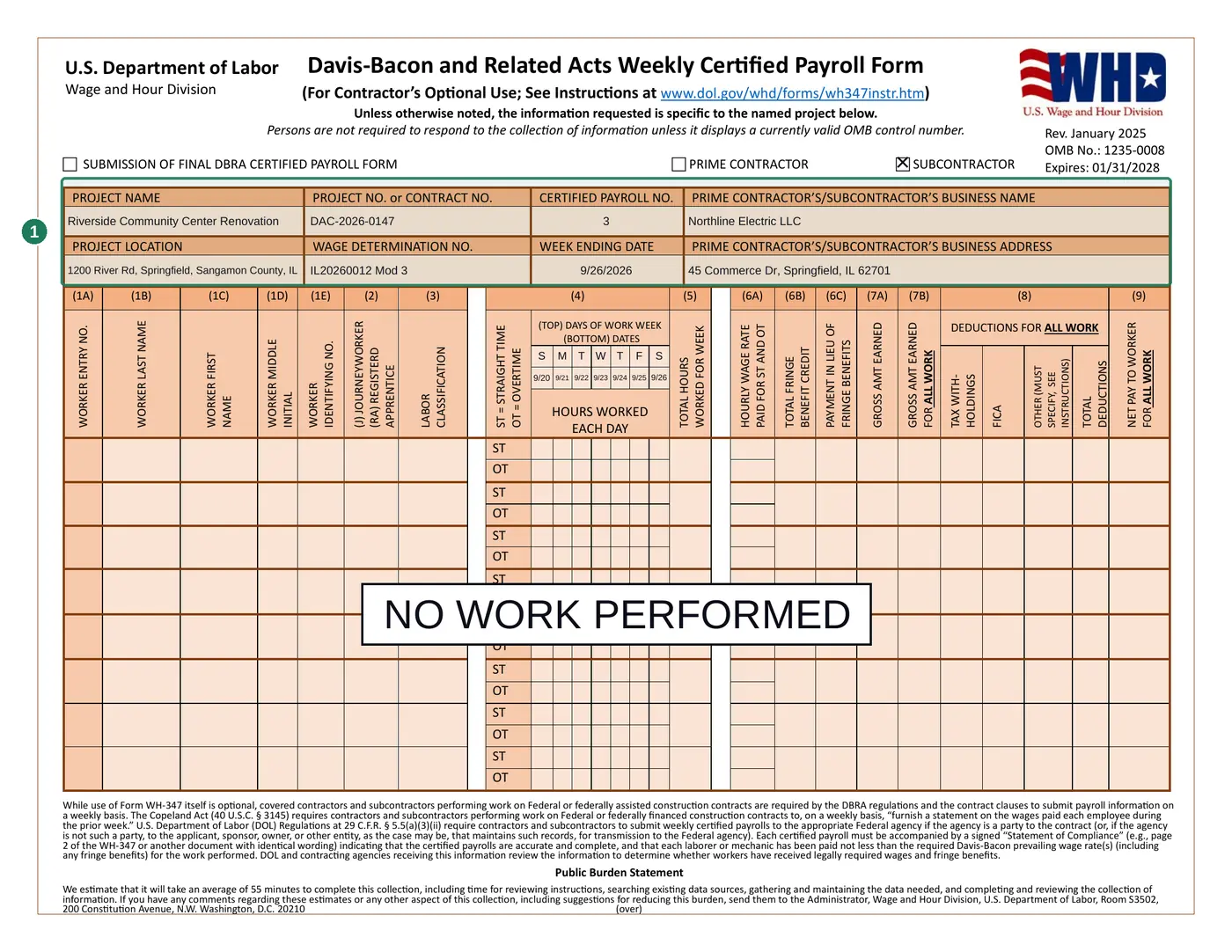 WH-347 page 1 for a week with no work: the header filled in with payroll number 3 and week ending September 26, 2026, and NO WORK PERFORMED written across the empty worker rows